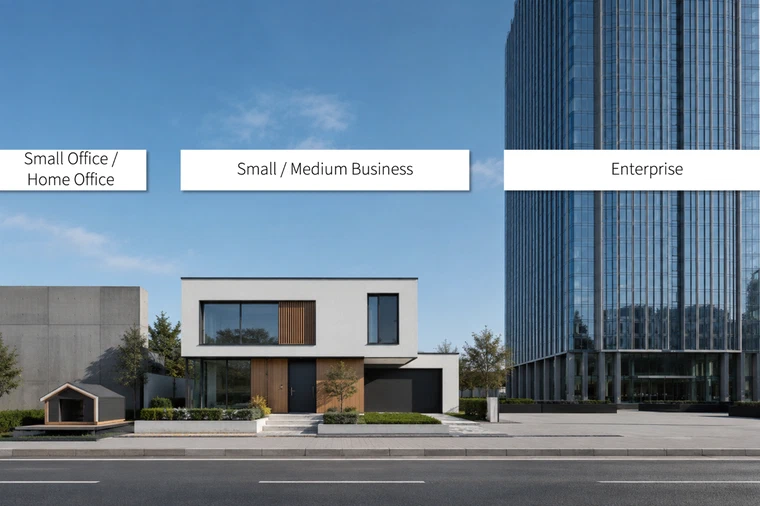 SoHo, SMB und Enterprise-IT visualisiert als Gebäude